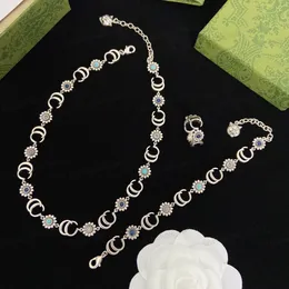 Vintage silver double Alphabet and 3 color flower designer bracelet necklace ring, women's fashion set, Valentine's Day, Christmas, gifts