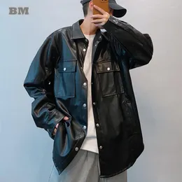 Men's Jackets Korean Streetwear Black Leather Jacket For Men Clothing Harajuku Casual Lapel Coat Hip Hop Trendy Motorcycle Long Sleeve
