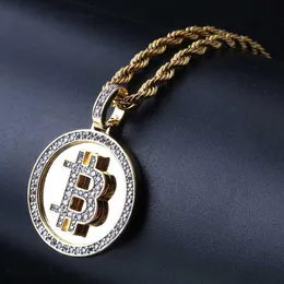 Hip Hop Iced Out Gold Color Plated Bitcoin Pendant Necklace Micro Pave Zircon With 60cm Rope Chain199k