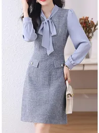 Grundläggande casual klänningar Nya höstvintage chiffon tweed knälängd lapptäcke klänning kvinnor band båge långärmad eleganta ullklänningar vestidos 2024