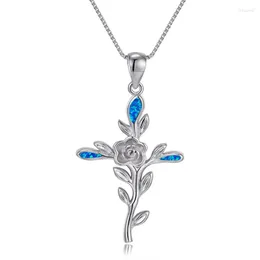 Pendant Necklaces Classic Cross Rose Flower Necklace White Blue Opal Branches For Women Gold Silver Color Chain