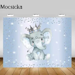 Tło Materiał Mocsicka Baby Shower Tacdrop ​​Boy Blue Elephant Srebrny koronna dziecko urodzinowe Dekorowanie Tło wystrój fotograficzny rekwizyty do fotografii YQ231003