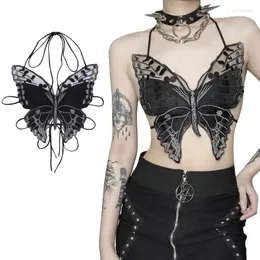 Women's Tanks Q0KE Women Dark Gothic Sexy Halter Backless Camisole Butterfly-Shape Lace Bras Tie Back Strappy Club Party Crop Tops Vest