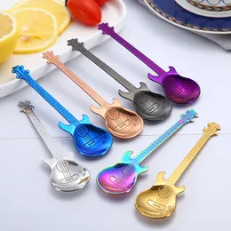 Guitar Shape Dessert Spoon 304 Stainless Steel Coffee Spoons Violin Stirring Spoon Lovely Titanium Plated Ice Scoop for Dessert Drink Mixing Q605