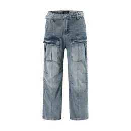 Vintage gewaschene Jeanshose für Herren, Baggy Straight Cargo Jeanshose, Damenhose, blaue Hose