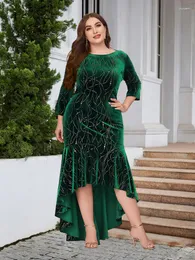 Sukienki w rozmiarze plus aksamitne eleganckie kobiety o szyi trzy Quater rękaw zielony błyszczący wieczorny koktajl impreza balowa stroje 5xl