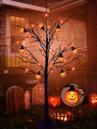 Árvore de Halloween com luz de 5 pés com temporizador 64 luzes LED laranja 16 luzes de abóboras 3D DIY decorações de Halloween, árvore assustadora preta Jack-O-Lanter