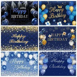 Bakgrundsmaterial Vinyl Backdrop Blue Gold Balloon Happy Birthday Party Diamond Dots Anpassade affisch Baby Kid Banner Bakgrund för foto Studio YQ231003