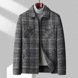 남자 재킷 잉글랜드 스타일의 남자 우아한 회색 화이트 격자 무늬 캐시미어 블렌드 코트는 칼라 싱글 가슴 모직 트위드 의상을 줄입니다.