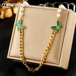 Chains Mewanry 316L Stainless Steel Pearl Splicing Chain Necklace For Women Elegant Drop Glaze Butterfly Geometric Non-fading Jewelry