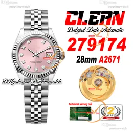 Clean Factory CF 279174 A2671 Automatiska damer Watch 28 Fluted Bezel Pink Diamond Dial 904L Jubileesteel Armband Super Version Womens Puretimewatch 0003