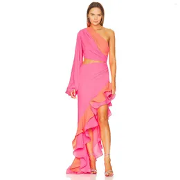 Casual Dresses Stylish One Shoulder Asymmetrical Long Maxi Gowns Multi Color Ruffles-Hem Sexy Women To Party