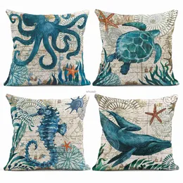 Plush Pillows Cushions Sea Life Whale Octopus Returned Seahorse Pillowcase Home Decoration Living Room Sofa Cushion Cover 50*50 Linen Pillowcase 40*40 YQ231003