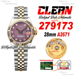 Clean Factory CF 279173 A2671 Automatiska damer Watch 28 Two Tone Yellow Gold Purple Diamond Dial 904L Jubileesteel Armband Super Version Womens Puretimewatch 0017