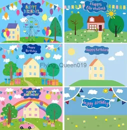 Hintergrundmaterial Frühling 1. Geburtstag Kind Hintergrund Babyparty Baum Ballon Blaues Banner Schweinehaus Hintergrund Photozone Fotografie Vinyl YQ231003