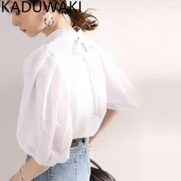 Women's Blouses Japan Style Stand Collar Blusas Mujer Stripes Puff Sleeve Summer Lace Up Elegant Women Basic Sweet Shirts 2023