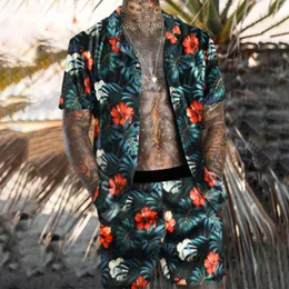 Men's Tracksuits Men Spring Summer 2 Piece Suit Beach Printed Short Sleeves Shirt Set Top Blouse Elegant Pant