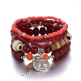 Strand Bohemian Bracelet Set For Women Multilayer Coin Wing Pendant Elastic Beads Charm Wrap Bangles Jewelry Femme Gift M3273