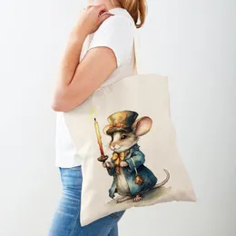 Shopping Bags Cute Vintage Cartoon Mouse Casual Women Bag Double Print Canvas Girl Animal Travel Tote Handbags Children Shopper