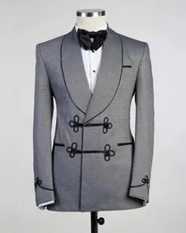 Men's Suits Houndstooth Shawl Lapel Men 2pcs Slim Fit Costume Wedding Dress Groom Tuxedos Prom Coat Pants Tie Towel