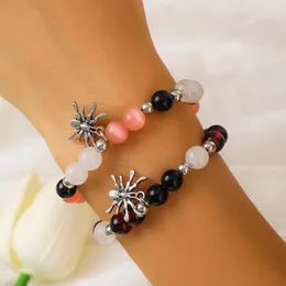Link Bracelets KunJoe 2pcs/set Halloween Spider Pendant Crystal CCB Beaded Bracelet For Women Men Personality Holiday Party Jewelry Gift