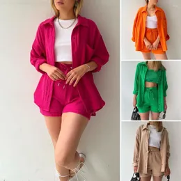 Chándal de mujer 2 unids/set camisa pantalones cortos conjunto de cintura alta ropa de trabajo de un solo pecho Color puro mujeres