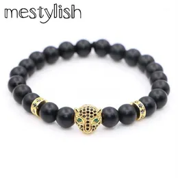 Mestylish negro MaOnyx Color oro plateado cabeza de leopardo pulseras con dijes de circón mujeres hombres energía Yoga regalo 1211i