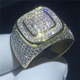 Handsome male Hip Hop ring Pave Setting 274pcs 5A Cz Yellow Gold Filled 925 silver wedding band ring for men Party Jewelry197v