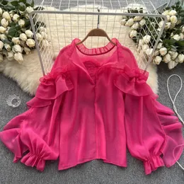 Kvinnors blusar Sommarkvinnor står hals lång lykta ärm asymmetrica ruffles elegant kvinnlig casual söt y2k blus kvinnor