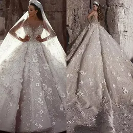 Vestido de baile de luxo vestidos de casamento ilusão pescoço cristal mangas compridas apliques vestido de casamento trem varredura vestidos de noiva