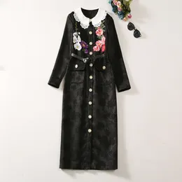 Fashion Coat 2023 Early Autumn New Fashion Jacquard Fabric Heavy Work Embroidery Collar Dress with White Lace Collar (with Belt)