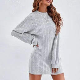 Ethnic Clothing Ladies' Solid Color Chic Sweater Dress With Round Neck And Sleeves Comfortable Loungewear Short