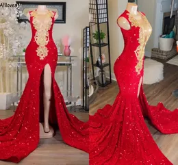 Gorgeous Sparkly Red Sequined Evening Dresses Long Mermaid Jewel Neck Sexy Formal Gowns High Split Slim Flare Sweep Train Women Sepcial Occasion Party Dress CL2750