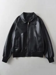 Kvinnor läder ftlzz spring höst kvinnor streetwear casual motorcykel pu kappa kvinnlig vintage mode lapel dragkedja faux kort jacka