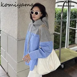 Women's Blouses Komiyama Contrast Stripe Blusas Mujer Fake Two Piece Shirts Hooded Long Sleeve Camisas Korean Loose Casual Shirt Tops