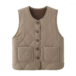 Women's Vests Women Winter Vest Quilted Cotton Coat Sleeveless V-neck Lose Female Casual Plush Lining Keep Warm Outdoor Clothes