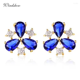 Stud Earrings Three Clover Flower Blue CZ Triangle For Women Girls Brass W Gold Color Jewelry Aros Aretes Orecchini Oorbellen