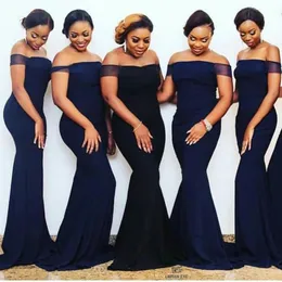 2023 Elegant Simple Sexy Dark Navy Off Shoulder Mermaid Bridesmaid Dresses Long Plus Size Wedding Guest Party Gowns Satin Sweep Train African Maid Of Honor Dress