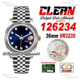 깨끗한 공장 CF 126234 VR3235 자동 유니osex 시계 남성 숙녀 시계 36mm 블루 다이아몬드 다이얼 904L jubileesteel 팔찌 슈퍼 버전 Puretimewatch 0037