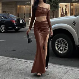 Work Dresses OMSJ Y2K Long Sleeve Hollow Out Crop Top Leather High Waist Ruched Split Skirts Two Piece Sets Pu Fashion Fall Clubwear