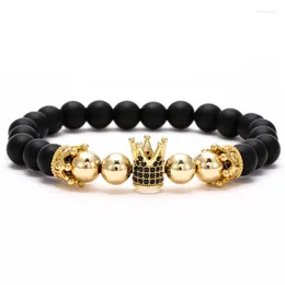 Strand White Black CZ Crown Plating 24K Real Gold Matte Onyx Hematite Mixed Multi-color Beads Unisex Bracelet Wedding Birthday Gift