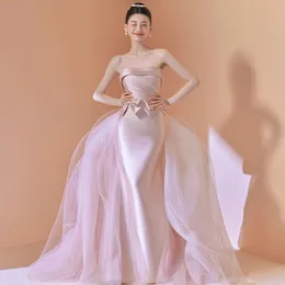 Ruffle Tulle satin Evening Dresses Custom Made pink off shoulder Stones Prom Dresses Sweep Train Party Gowns Mermaid Evening Gowns Formal Party Robe De Mariee 2023