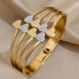 Bangle aensoa chunky guldfärg dubbel rad inlagd zirkon kärlek hjärta breda armband armband för kvinnor charm 18k platta smycken
