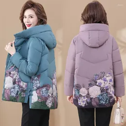 Women's Trench Coats 2023 Warm Thicken Print Loose Down Jacket Women Winter Hooded Cotton Coat Korean Female Parkas Basic