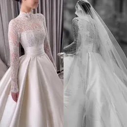 Elegante uma linha de vestidos de casamento de renda alta pescoço mangas compridas vestido de casamento botão volta trem varredura plissado robe de mariee vestidos de noiva