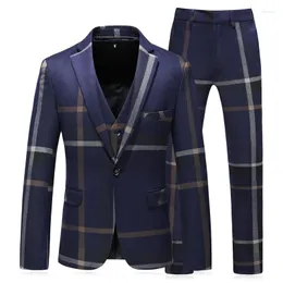 Men's Suits Plaid 3 Piece Suit Set Blazer Vest Pants British Style Slim Double Breasted Wedding Dress Jacket Coat Trousers Waistcoat Men