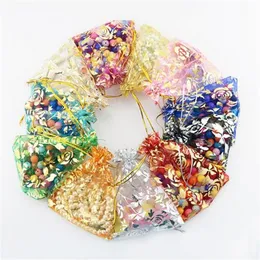 Colorful Gold Rose Transparent Packs Drawstring Pouch Sachet Organza Gift Bag For Jewelry Wedding Party Beads Packing GB397241a