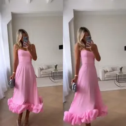 Elegant Pink Prom Dresses Spaghetti Evening Dress Pleats Ruffle Formal Long Special Occasion Party dress