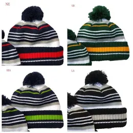 New Men 's All Team Knitted Cuffed Pom Beanie 모자 줄무늬 사이드 라인 양모 따뜻한 야구 비니 캡 266I