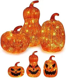 Decorações de outono para casa, conjunto de 3 abóboras de vidro com luzes LED Decoração de outono, decorações de Halloween de abóbora iluminadas por temporizador com Jack-O-Lanter